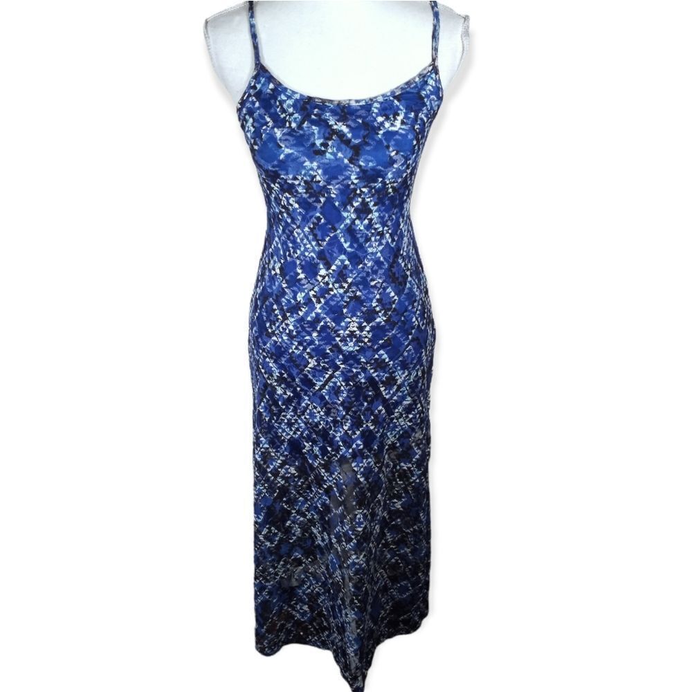 FIRE BLUE, BLACK,β& WHITE STRE5CH SHEER MESH MAXI DRESS SZ.XS EUC